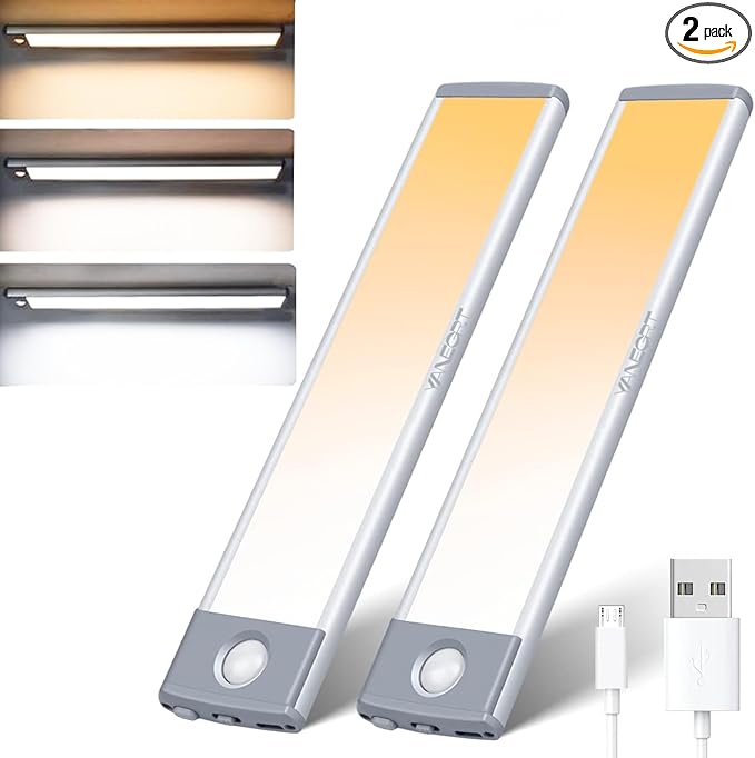 Under Cabinet Lights 2-Pack, Motion Sensor Indoor LED - 3 Color Dimmable, Rechargeable 1700mAh Battery, Wireless Magnetic Easy Install for Kitchen, Closet & Pantry