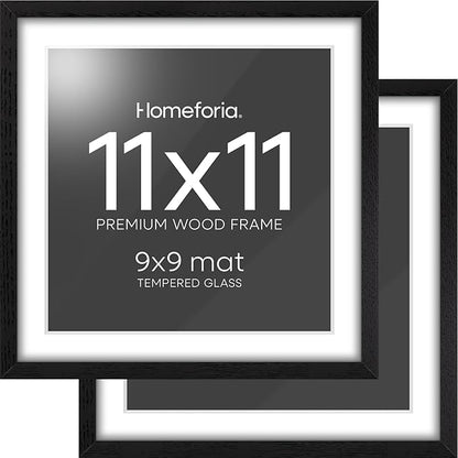 Homeforia 11x11 Black Wood Frame, High-End Oak 11 x 11 Square Picture Frames with Mat 9 by 9 inch Photo, 11by11 Wooden Frame Matted to 9x9 Art, Wall Hanging Frames, Tempered Glass, Wall Kit, Set of 2