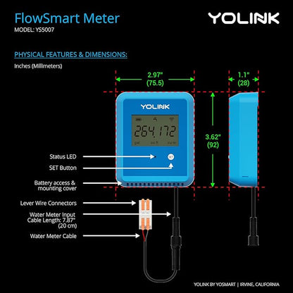 YoLink FlowSmart NSF Water Meter, Smart Water Usage Monitor and Water Leak Detection: 0.75 Inch Advanced Smart Home Water Meter, Hub Included, YS1603+YS5007