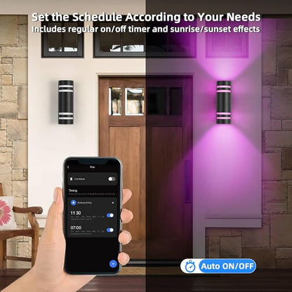 SHIMR Modern RGBCW Outdoor Wall Lights 2 Pack, Color Changing Outdoor Sconce Lights with APP Control, Black Cylinder Exterior Lighting Fixtures Aluminum Up Down Outside Lights for House [ETL Listed]
