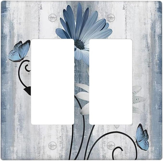 Decorative Outlet Covers Rustic Blue White Daisy Ink Flower 2 Gang Light Switch Cover Plate Double Rocker Wall Plates for Electrical Outlets Switch Plate Covers for Bedroom Home Decor