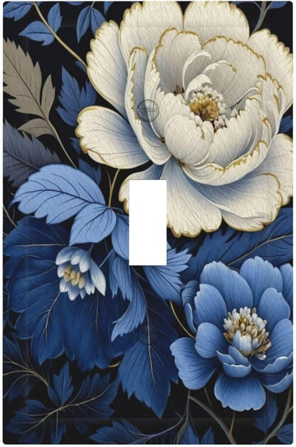 Blue White Flowers Light Switch Covers 1 Gang Single Toggle Wall Plate Decorative Switchcover Electrical Switchplate for Country Living Decor