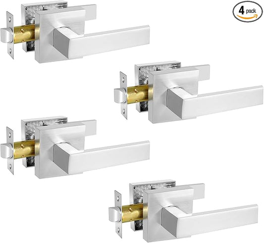 Passage Door Lever, Satin Nickel Interior Door Handles for Hallway and Closet, Heavy Duty Square Interior Keyless Door Handles Non-Locking Door Levers, 4 Pack