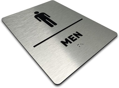 Men Bathroom Sign by GDS - ADA Compliant, Wheelchair Accessible, Raised Icons, & Grade 2 Braille - Includes Adhesive Strips for Easy Installation - Bathroom Signs for Business, Restroom Sign, Restroom Signs for Business - 6" W x 8" H (Brushed Aluminum)...