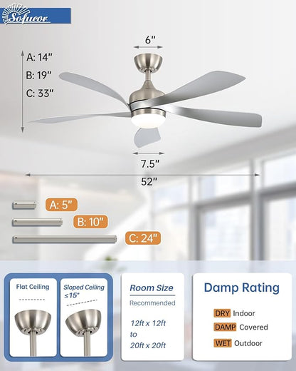 Sofucor 52" Smart Ceiling Fan, Indoor/Outdoor Ceiling Fans with Lights and Remote, Compatible with Alexa/Google/App, 3-Color Light 6-Speed Timing Reversible DC Motor for Bedroom Living Room Patio