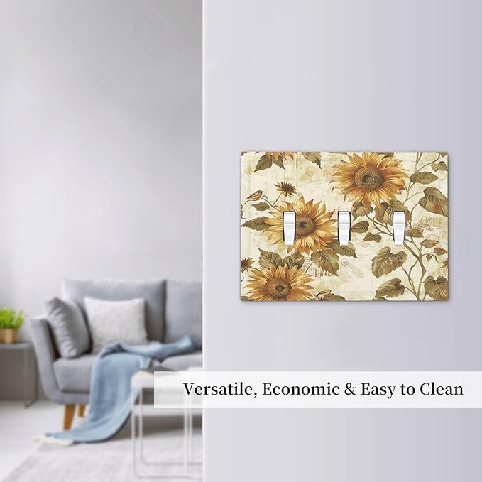 Decorative Switch Plates Rustic Sunflower Floral Pattern 3 Gang Wall Plate Triple Toggle Light Switch Cover Faceplate Electrical Wall Panels for Bedroom Cabin Decor