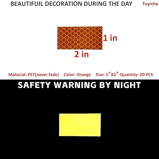 Non Fading Orange Reflective Stickers 1 inch X 2 inch, Outdoor Waterproof High Visibility Warning Safety Adhesive Reflector Tape (20 Pcs)