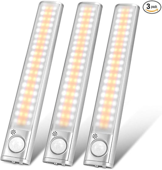 goodland Under Cabinet Lighting 80 LED Closet Light, Motion Sensor Lights Indoor USB Rechargeable Dimmable Stick-on Night Light Bar for Kitchen, Wardrobe, Garage, Stairs, Bedroom (3 Packs)