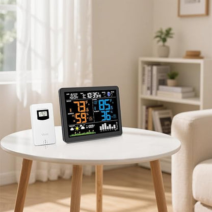 Uzoli EM3566 Weather Station Wireless Indoor Outdoor, 7.4“ Large Weather Station with Atomic Clock, Indoor Outdoor Temperature Humidity, Weather Forecast, Alarms with Snooze, Easy to Read