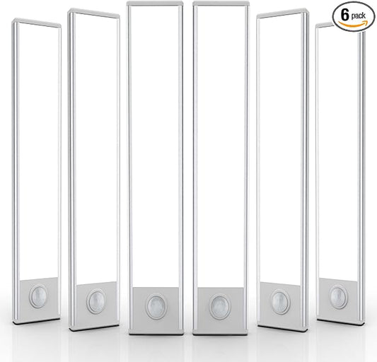 6 Pack Under Cabinet Lighting Wireless, 58 LED Rechargeable Battery Motion Sensor Light Indoor, Stick On Magnetic Closet Lights, Under Counter Lights for Kitchen, Stairs, White 14 in