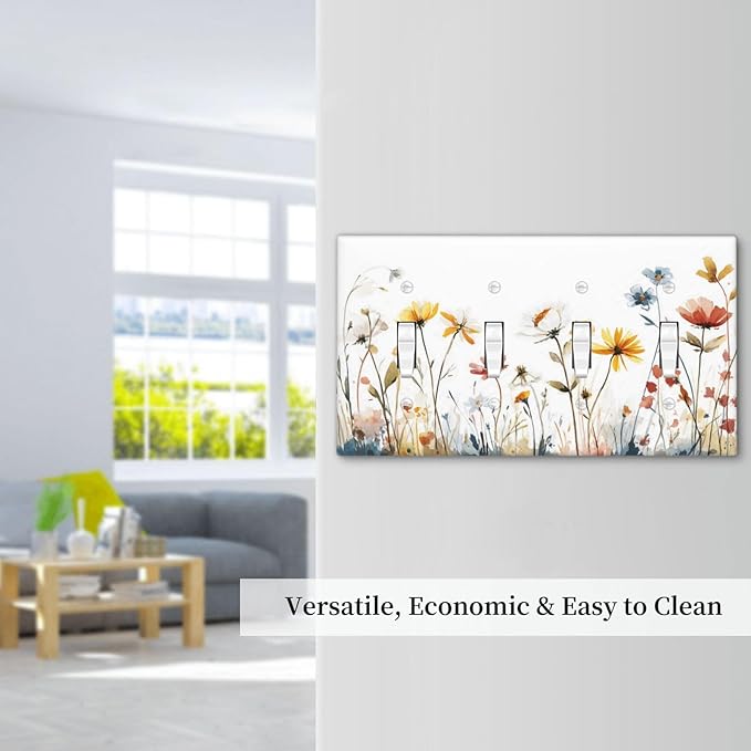Watercolor Wildflower Colorful Floral Plant Light Switch Covers Quad Toggle Electrical Faceplate 4 Gang Wall Plate Decorative Switch Plates for Bed Room Living Room Decor