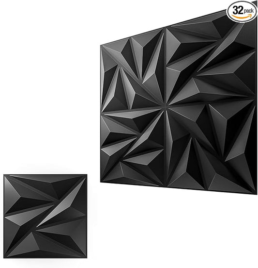 3D Wall Panels for Interior Wall Decor, 32 pcs PVC Wall Panels, 11.8''x11.8'' Decorative Accent Wall Panels for Game Rooms, TV Walls Background, Living Rooms, Decorative Wall Panels, Black