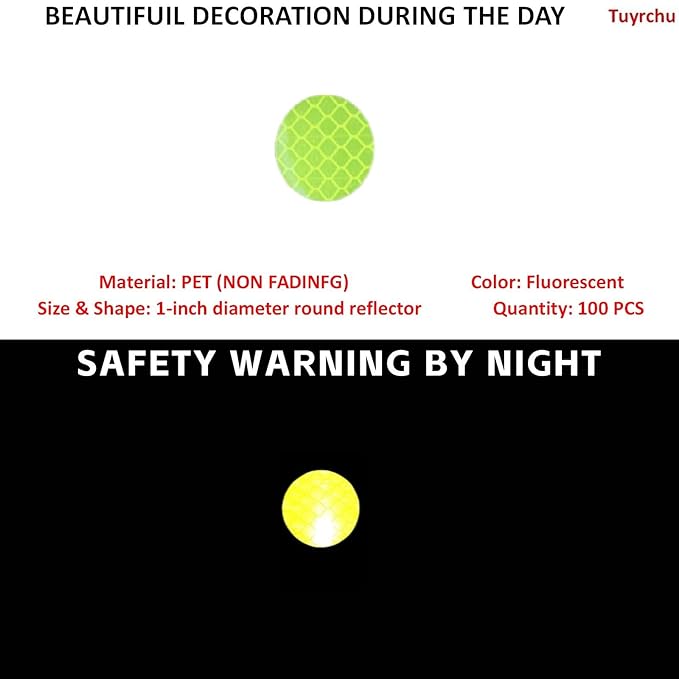 Non Fading Fluorescent Yellow Reflective Stickers 1-inch Diameter Round Reflector, Outdoor Waterproof High Visibility Warning Adhesive Tape (100 Pcs)