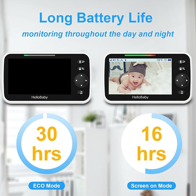 HelloBaby 5" Screen Baby Monitor with 3 Cameras - No WiFi HB6550 Video Baby Monitor, 1000ft Long Range, ECO, 26 Hour Battery, Pan-Tilt-Zoom Night Vision, Temperature Sensor & 2-Way Audio, 8 Lullabies