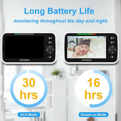 HelloBaby 5" Screen Baby Monitor with 3 Cameras - No WiFi HB6550 Video Baby Monitor, 1000ft Long Range, ECO, 26 Hour Battery, Pan-Tilt-Zoom Night Vision, Temperature Sensor & 2-Way Audio, 8 Lullabies
