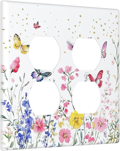 Outlet Covers Watercolor Floral Butterfly Colorful Wildflower 2 Gang Double Duplex Decorative Light Switch Covers Electrical Wallplates Socket Faceplate For Bed Room Living Room Decor
