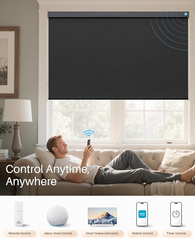 Smart Roller Shades for Windows, Alexa Blackout Motorized Blinds with Remote Control, Easy Install Automatic Electric Blinds for Indoor (23" W x 72" H, Black)