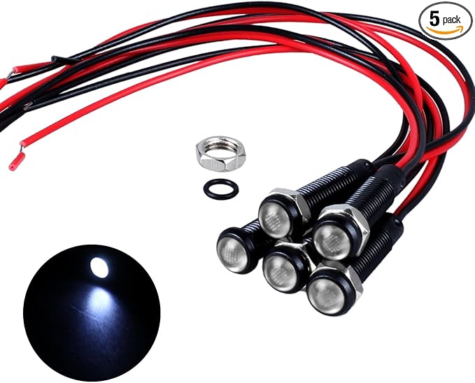 5pcs 6mm LED Indicator Light Plastic Black Signal Dot Lamp 110-220VAC 1/4" Mounting Hole Size with 15cm/5.9in. Wire (White LED)