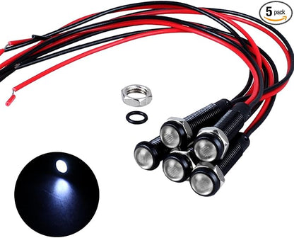 5pcs 6mm LED Indicator Light Plastic Black Signal Dot Lamp 110-220VAC 1/4" Mounting Hole Size with 15cm/5.9in. Wire (White LED)
