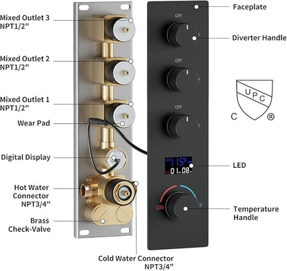 Brass Temperature Shower Diverter Valve Matte Black 3 Way Outlets Concealed Digital Display Shower Mixer Valve Kit Bathroom Shower Diverter On Off Flow Control Replacement Valve