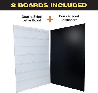 Swinging Changeable Message Sidewalk Sign: 24" x 36" Sign with 792 Pre-Cut Double Sided Letters and Storage Box. Includes Black Board & Letter Board (Granite Color Legs)