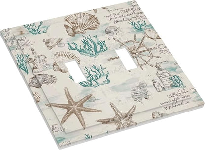 Mid Century Seashells Starfish Compass Decorative Switch Plates 2 Gang Double Toggle Outlet Light Switch Cover Wall Plate Electrical Faceplate For Nursery Kids Room Decor