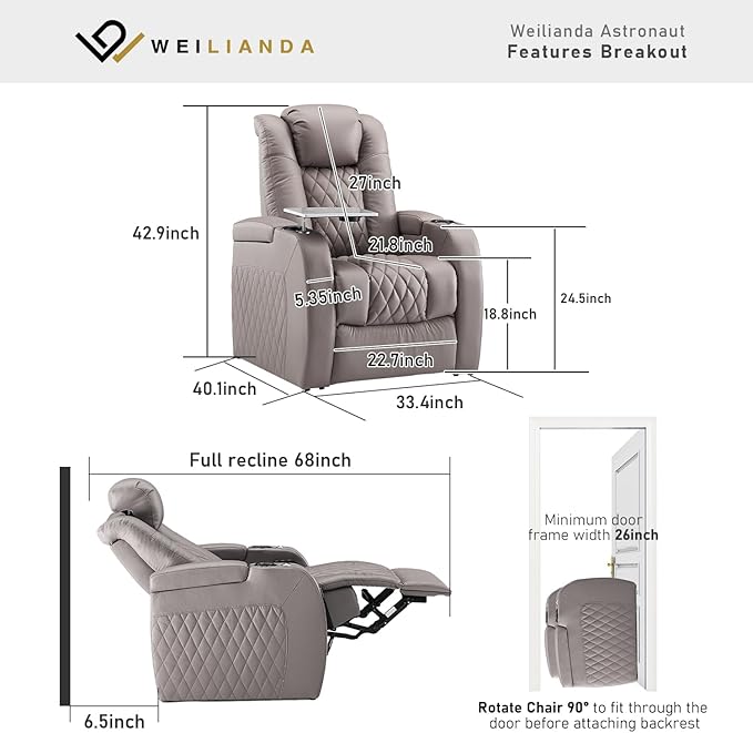 Weilianda Home Theater Seating Top Grain Leather Recliner Chair Power Headrest and Recline Movie Seats Gaming Sofa with Tray Table Type-C USB Charge Cup Holders Row of 1 Grey