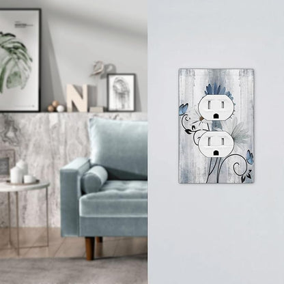 Decorative Outlet Covers Rustic Blue White Daisy Ink Flower 1 Gang Duplex Light Switch Cover Plate Unique Wall Plates for Electrical Outlets Switch Plate Covers for Bedroom Home Decor