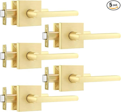 Leydebong 5 Pack Passage Levers for Hall and Closet, Square Heavy Duty Interior Keyless Door Handles, Reversible for Left Right Sided Doors, Satin Brass Finish