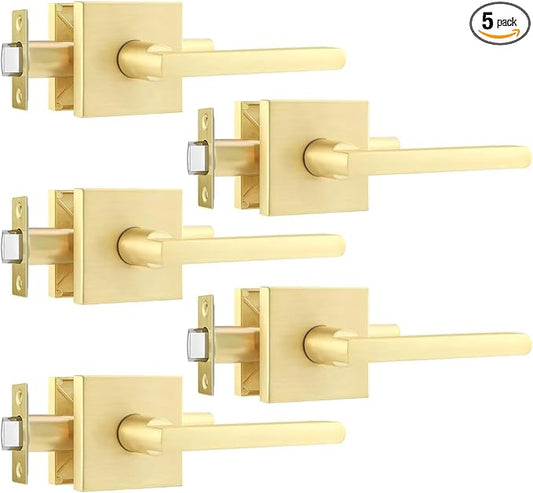 Leydebong 5 Pack Passage Levers for Hall and Closet, Square Heavy Duty Interior Keyless Door Handles, Reversible for Left Right Sided Doors, Satin Brass Finish