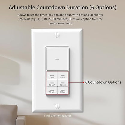 Minoston Countdown Timer Switch, 1-60 Min, Bathroom Fan Timer Switch, Adjustable LED Brightness, 120VAC Neutral Wire Req, ETL and FCC Listed, White (MT11N)