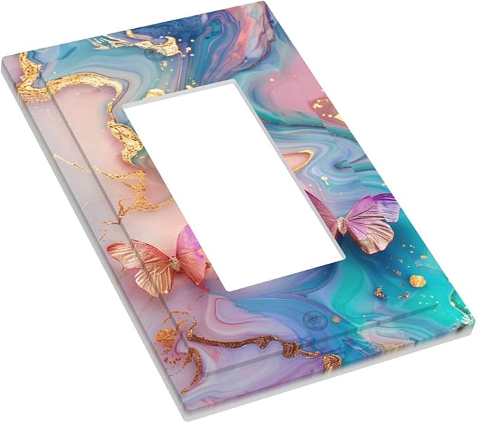 Colorful Marble Butterfly Gold Glitter Abstract Print Decorative Outlet Covers 1 Gang Single Rocker Light Switch Cover Plate Wall Plates GFCI Faceplate for Bed Room Living Room Decor