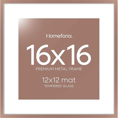 Homeforia 16x16 Picture Frame Mocha, High End Metal 16x16 Square Poster Frame Matted to 12x12 Print, 16 x 16 Mocha Frames with Mat 12 x 12 Photo, 16by16 Thin Frames, Tempered Glass, Wall Kit, Set of 1