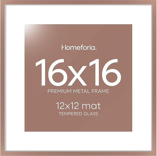 Homeforia 16x16 Picture Frame Mocha, High End Metal 16x16 Square Poster Frame Matted to 12x12 Print, 16 x 16 Mocha Frames with Mat 12 x 12 Photo, 16by16 Thin Frames, Tempered Glass, Wall Kit, Set of 1