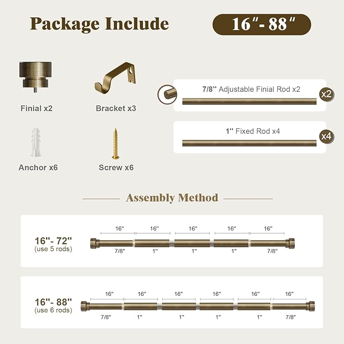 Oneach Heavy Duty Curtain Rods for Windows 48 to 84 Inch, 1 Inch Antique Bronze Curtain Rod, Adjustable Length Rod with Metal Finials, Modern Decorative for Bedroom Kitchen Living Room (16 to 88 Inch)