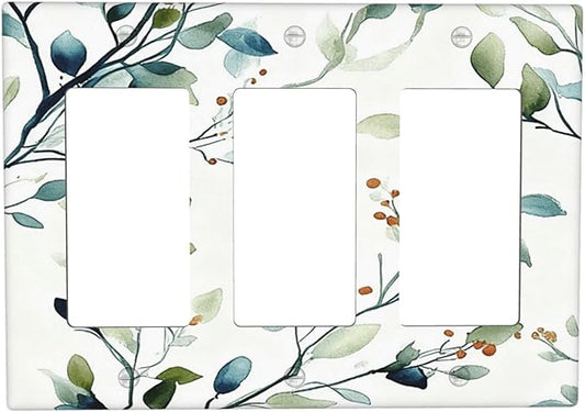 Decorative Outlet Covers Rustic Eucalyptus Leaf Geen Sage Leaves 3 Gang Light Switch Cover Plate Triple Rocker Wall Plates for Electrical Outlets Switch Plate Covers for Bedroom Home Decor