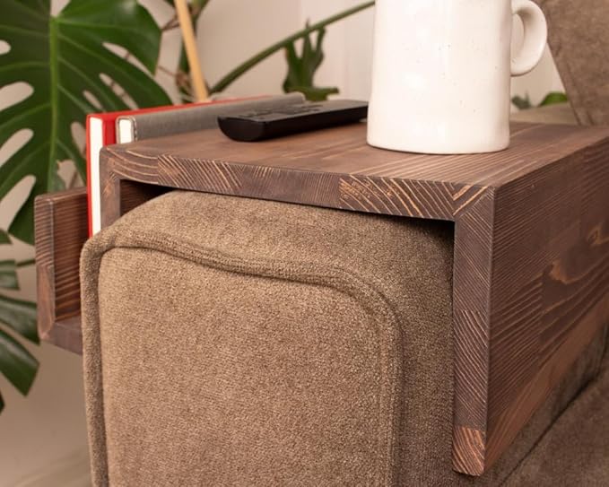 Wooden Couch Arm Tray – Sofa Armrest Table with Book & Magazine Holder, Perfect for Coffee & Remote Control, Solid Wood (London)