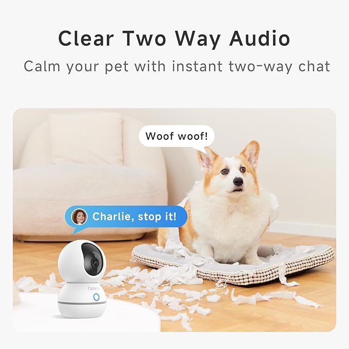 Noorio 2K Indoor Security Camera, Pet Camera with Speaker Pan&Tilt, One Click Call Baby Monitor Night Vision