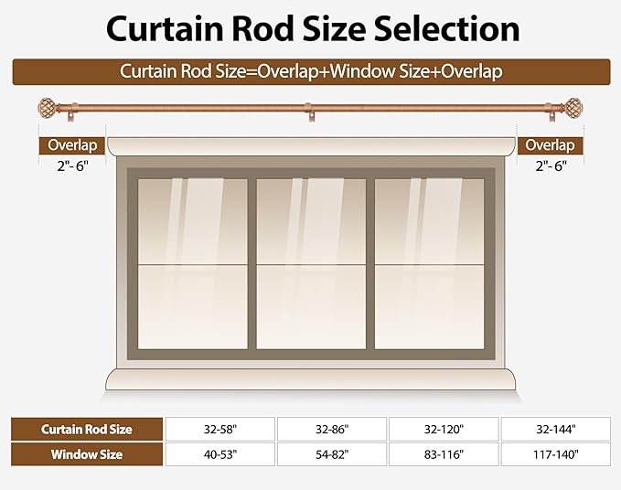 TONIAL Wood Curtain Rod 32 to 144 Inches, 7/8 Adjustable Curtain Rods for Windows 20 to 140 Inches, Splicing Drapery Rods Decorative with Netted Texture Finials
