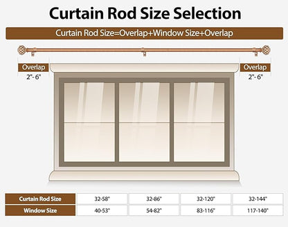 TONIAL Wood Curtain Rod 32 to 144 Inches, 7/8 Adjustable Curtain Rods for Windows 20 to 140 Inches, Splicing Drapery Rods Decorative with Netted Texture Finials