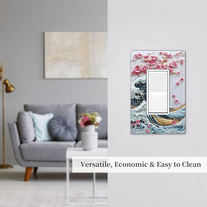 Decorative Outlet Covers The Great Wave Off Kanagawa With Sakura 1 Gang Single Rocker Light Switch Cover Plate Wall Plates GFCI Faceplate for Bedroom Bathroom Decor