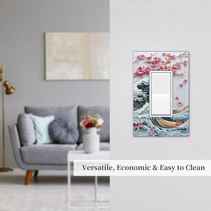 Decorative Outlet Covers The Great Wave Off Kanagawa With Sakura 1 Gang Single Rocker Light Switch Cover Plate Wall Plates GFCI Faceplate for Bedroom Bathroom Decor