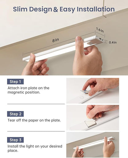 Pak 8 Inch Under Counter Cabinet Lighting, 41 LED Battery Operated Motion Sensor Light, Dimmable Closet Lights, USB Rechargeable, Wireless Magnetic Under Counter Light for Kitchen, Bathroom, 2 Packs