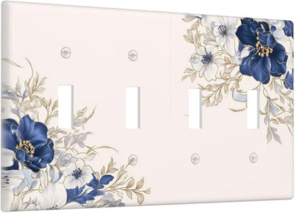 Decorative Light Switch Cover Plate Rustic Blue White Flowers Floral Penoy 4 Gang Wall Plate Oversized Quad Toggle Switch Cover Plate Jumbo Face Plate for Bedroom Decor