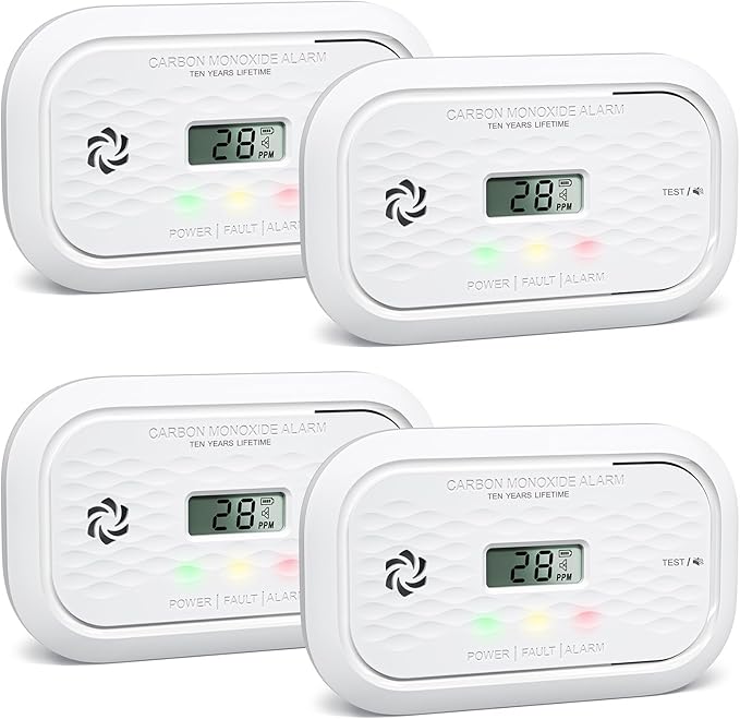 4 Packs Carbon Monoxide Detectors,10 Year Battery Carbon Monoxide Alarm, CO Detector with LCD Display, 3 LED Lights CO Alarm for Home