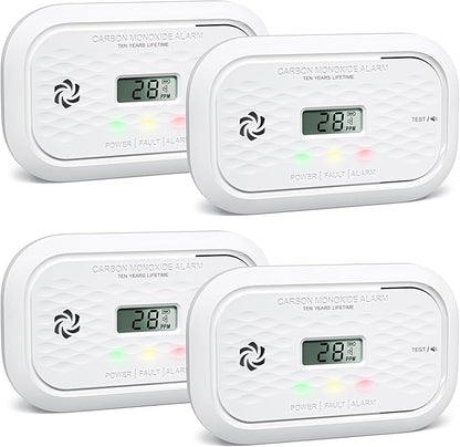 4 Packs Carbon Monoxide Detectors,10 Year Battery Carbon Monoxide Alarm, CO Detector with LCD Display, 3 LED Lights CO Alarm for Home
