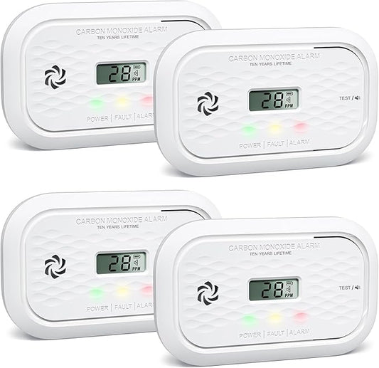 4 Packs Carbon Monoxide Detectors,10 Year Battery Carbon Monoxide Alarm, CO Detector with LCD Display, 3 LED Lights CO Alarm for Home