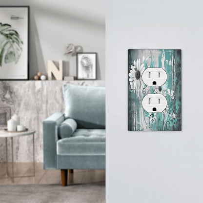 Outlet Covers Teal Daisy Floral Vintage Wood Plank 1 Gang Duplex Light Switch Cover Decorative Switch Plates Electrical Receptacle Faceplate Wall Plate For Farmhouse Cabin Decor