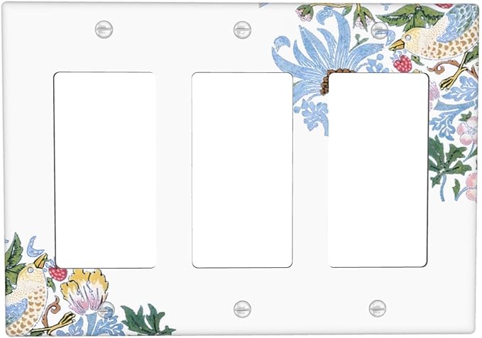 Decorative Outlet Covers Retro Morris Strawberry Rustic Plant Bird 3 Gang Wall Plate Triple Rocker Light Switch Cover Plate Jumbo Electrical GFCI Faceplate for Bedroom Decor