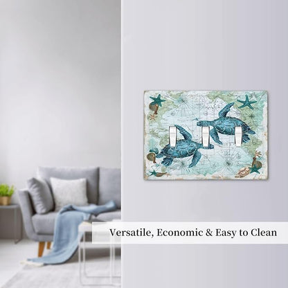 Decorative Switch Plates Nautical Green Sea Turtles Beach Blue Ocean 3 Gang Wall Plate Triple Toggle Light Switch Cover Faceplate Electrical Wall Panels For Bathroom Kids Room Decor
